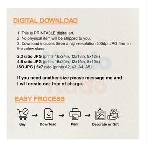 May include: Digital download graphic with the text "DIGITAL DOWNLOAD" in a white box with a black outline. The text "EASY PROCESS" is in a white box with a black outline.  There are four icons representing the steps in the process: a shopping cart, a download arrow, a printer, and a picture frame with a gift box. The text below the icons reads "Buy", "Download", "Print", and "Decorate or Gift".