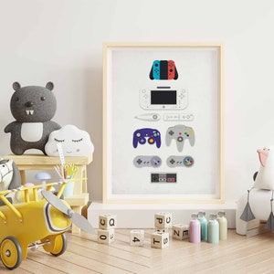May include: A white framed print featuring a collection of video game controllers and consoles, including a Nintendo Switch, a Wii U, a GameCube controller, a Nintendo 64 controller, a Super Nintendo controller, and a NES controller.