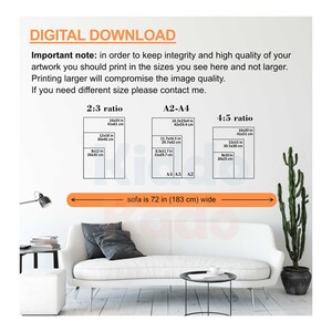 May include: A digital download guide for printing artwork in different sizes. The guide shows the dimensions in inches and centimetres for 2:3, A2-A4, and 4:5 ratios. The text states that printing larger than the sizes shown will compromise the image quality. The text also states that if you need a different size, please contact the seller.