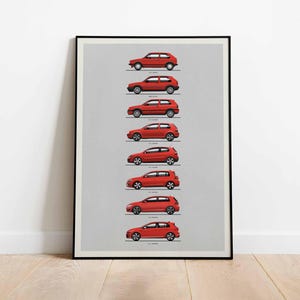 Póster de la evolución del Golf GTI, impresión de coches, Golf MK1 a MK8, decoración del hogar, arte mural, coche para habitación infantil, regalo para él, entusiasta de los coches. (Sin marco)