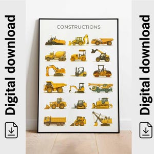 Construction Machinery Printable, Construction Vehicles, Building Machinery, Excavator, Bulldozer, Digger,  Truck Print, DIGITAL DOWNLOAD