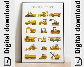 Construction Vehicle Print: Excavator, Bulldozer, Truck (Digital Download)