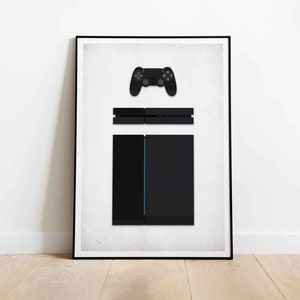 May include: A black and white minimalist poster featuring a black video game console and a black controller. The console is a rectangular shape with a thin blue line down the center. The controller has a black and white design.