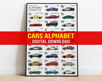 Car Alphabet Poster: A-Z Cars, Kids Room Decor (Digital Download)