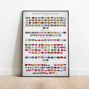 Drapeaux du monde et capitales en impression française, drapeaux de pays, affiche éducative, décoration d'école à la maison, drapeaux du monde, capitales du monde (sans cadre)