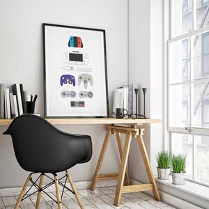 May include: A framed print featuring a white background with a collection of video game consoles and controllers, including a Nintendo Switch, Wii, GameCube, N64, Super Nintendo, and NES. The print is hanging on a white wall above a wooden desk with a black chair.