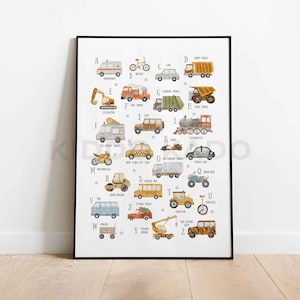 Impresión de vehículos ABC, póster del alfabeto de transporte, impresiones para el aula, arte para sala de juegos de niños, decoración de guardería para niños, póster de aprendizaje (sin marco)