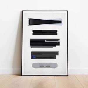 May include: A black and white illustration of five different PlayStation consoles, from the original PlayStation to the PlayStation 5. The consoles are arranged in order of release, with the oldest console at the top and the newest console at the bottom.