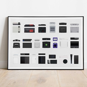 May include: A black and white illustration of various video game consoles from different eras. The consoles are arranged in a grid pattern on a white background. The consoles include the Atari 2600, Nintendo Entertainment System, Super Nintendo Entertainment System, Sega Genesis, Sega Saturn, Nintendo 64, Sony PlayStation, Sega Dreamcast, Nintendo GameCube, Microsoft Xbox, Sony PlayStation 2, Microsoft Xbox 360, Nintendo Wii, Sony PlayStation 3, Microsoft Xbox One, Nintendo Wii U, Sony PlayStation 4, and Microsoft Xbox One X.