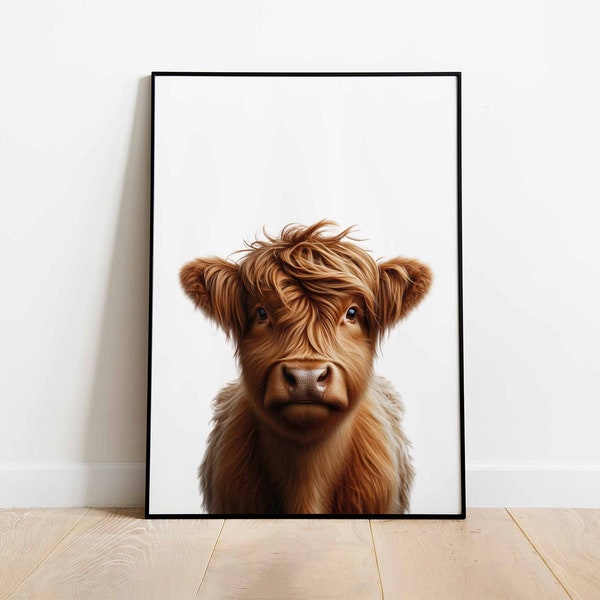 Highland Cow Poster, Cute Baby Cow Wall Art, Farm Nursery Decor, Animals Portrait, Toddler Room Decor,  DIGITAL DOWNLOAD