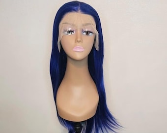 Long Straight Dark Blue wig, blue lace wig, blue Straight wig