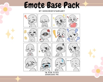 May include: A set of 16 blank emote base PSD files, each 300x300 pixels, featuring various facial expressions and poses. The emotes are in a cartoon style with simple lines and colors.