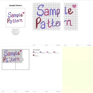 May include: A cross-stitch pattern for "Sample Pattern" with a pink heart. The pattern is divided into two sections, with the text "Sample Pattern" in purple and red lettering. The pattern uses DMC stranded floss in various colors.