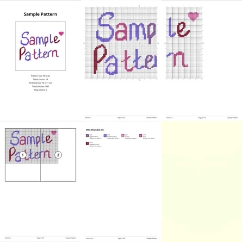 May include: A cross-stitch pattern for "Sample Pattern" with a pink heart. The pattern is divided into two sections, with the text "Sample Pattern" in purple and red lettering. The pattern uses DMC stranded floss in various colors.
