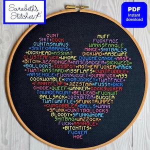 Sweary Heart Bright Rainbow counted embroidery digital pattern PDF