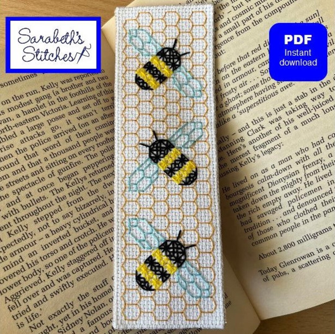 Bees on Honeycomb Blackwork Embroidery Bookmark Pattern PDF - Etsy