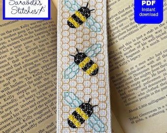 Bees on Honeycomb Blackwork Embroidery Bookmark Pattern PDF