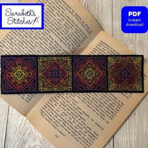 Peut inclure: Un marque-page avec quatre carrés brodés colorés présentant des motifs géométriques dans des tons de jaune, orange, rouge et violet. Le marque-page est sur un livre avec le texte "Sarabeth's Stitches" visible.
