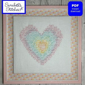 Sweary Heart Pastel rainbow counted embroidery digital pattern PDF