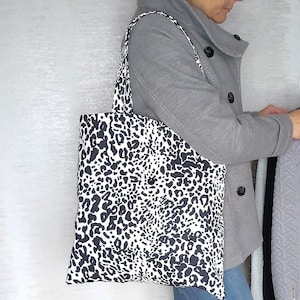 Black and white bag, Leopard print tote, Handmade shoulder bag, Leopard pattern foldable bag, Gift for sister, Gift for wife