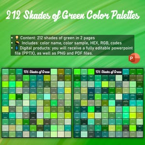 Pode incluir: Um produto digital que apresenta 212 tons de paletas de cores verdes. A imagem mostra duas grades, cada uma com 106 amostras de cores, variando de verdes claros a escuros. Inclui nomes de cores, códigos HEX, RGB e está disponível em formatos PPTX, PNG e PDF.