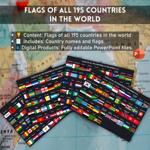 May include: A collection of black rectangular digital products featuring the flags of all 195 countries in the world. Each flag is displayed with its country name. The text "FLAGS OF ALL 195 COUNTRIES IN THE WORLD" is at the top.