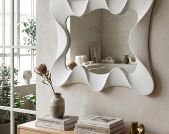 White Frame Sculptural Mirror. Organic Contemporary Design Wall Mirror