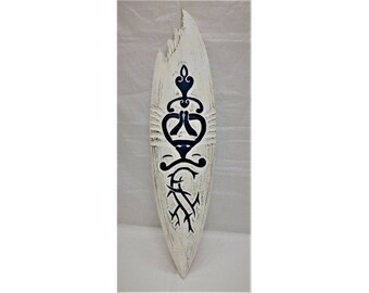Tribal Design Wooden Surf Board With Shark Bite Indonesian Ethnic Decor
