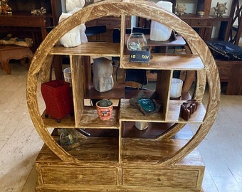 Round Ethnic Bookcase in Teak Wood Shabby Chic Entrance Unit Equipped Wall Shelves and Drawers