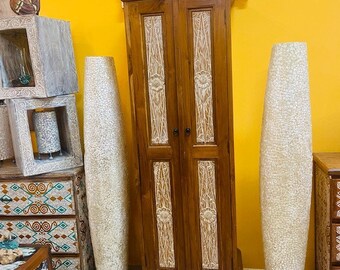 Balinese Ethnic Sideboard Wardrobe Solid Teak Wood Front Carvings 4 Shelves Pantry Bookcase