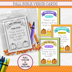 May include: A set of fall Bible verse cards featuring black and white outlines and full-color versions. The cards display pumpkins, candy corn, and scripture text. Included are crayons and a clear plastic bag filled with candy corn pieces.