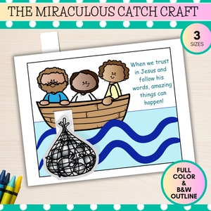 Puede incluir: Una ilustración en blanco y negro de un barco con tres personas en él. El barco está en un mar azul ondulado. El texto "When we trust in Jesus and follow his words, amazing things can happen!" está escrito en el lado derecho de la imagen. La imagen es una actividad artesanal para niños.