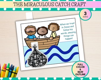 May include: A black and white illustration of a boat with three people in it. The boat is on a blue wavy sea. The text "When we trust in Jesus and follow his words, amazing things can happen!" is written on the right side of the image. The image is a craft activity for children.