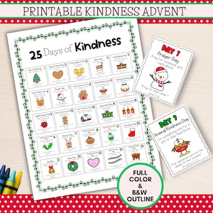 Könnte beinhalten: Ein druckbarer Adventskalender der Freundlichkeit mit 25 Tagen voller Aktivitäten. Der Kalender enthält Illustrationen und Text, mit zusätzlichen Karten für Tag 1 und Tag 9. Der Text "Printable Kindness Advent" steht oben.