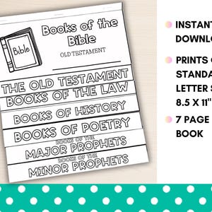 Puede incluir: Libro desplegable imprimible en blanco y negro titulado "Libros de la Biblia" con las secciones del Antiguo Testamento. Incluye "El Antiguo Testamento", "Libros de la Ley", "Libros de Historia", "Libros de Poes&iacute;a", "Profetas Mayores" y "Profetas Menores".