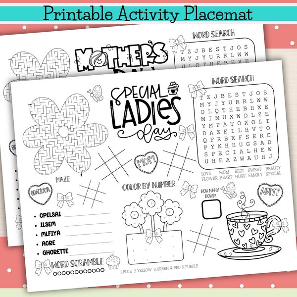 Printable Mother's Day Activity Placemat, Special Ladies Day Activity Mat,Table Activity, Printable Kid Activity Placemat