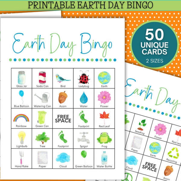50 Card Printable Earth Day Bingo, Earth Day Bingo Cards, Games for Kids, Family Game Night, Games for Seniors