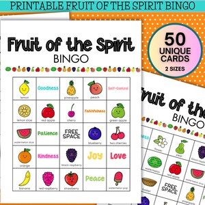 50 Karten zum Ausdrucken, Frucht des Geistes Bingo, Bibelspiele für Kinder, Früchte des Geistes, christliche Vorschul-Ausdrucke, Sonntagsschule