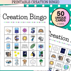 50 Karte druckbare Schöpfungsgeschichte Bingo, Bibel-Bingo, Bibelspiele für Kinder, Earth Day-Kinder, christliche Vorschul-Ausdrucke, Sonntagsschule