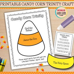 Op de afbeelding: Printable Candy Corn Trinity Craft met een candy corn diagram met de tekst "God de Vader" en "Jezus de Zoon". Inclusief een bonus gedichtkaart, een paarse stift en verspreide candy corn stukjes. De tekst luidt "De Heilige Geest".