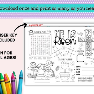 May include: Black and white printable Easter activity sheet with a word search, maze, color by number, and word scramble. The sheet features the text "He is Risen".