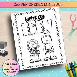 Op de afbeelding: Een miniboek getiteld "Garden of Eden" met zwart-wit illustraties van Adam en Eva. Een roze schaar, een nietmachine en kleurpotloden zijn ook zichtbaar. Het boek bevat kleur- en Z/W-omtrekopties.