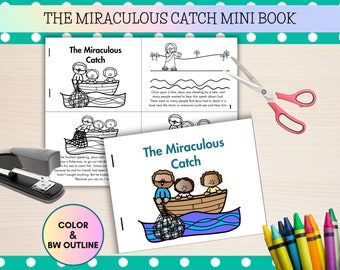 以下が含まれることがあります： 「The Miraculous Catch」というタイトルのミニ本の白黒イラスト。この本は、イエスと漁師たちの物語を語っています。この本には、塗り絵ページと白黒のアウトラインが含まれています。
