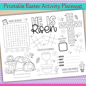 Christian Easter Activity Placemat, Printable Resurrection Sunday Activity Mat, Easter Table Activity, Printable Kid Bible Activity Placemat