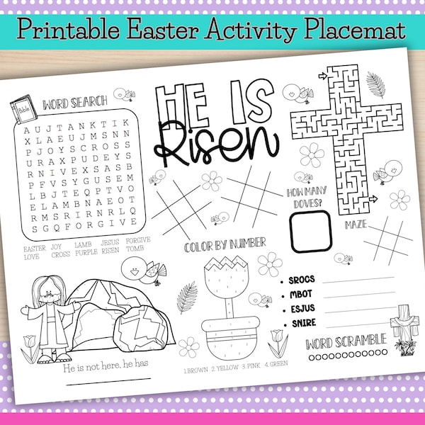 Christian Easter Activity Placemat, Printable Resurrection Sunday Activity Mat, Easter Table Activity, Printable Kid Bible Activity Placemat