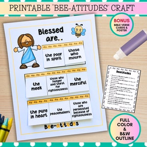 May include: Printable craft activity featuring the Beatitudes, with a bee theme. The craft includes a colourful illustration of Jesus, a bee, and cut-out cards with the Beatitudes text. The text includes "Blessed are... the poor in spirit, those who mourn, the meek, those who hunger and thirst for righteousness, the merciful, the pure in heart, the peacemakers, those who are persecuted because of righteousness".
