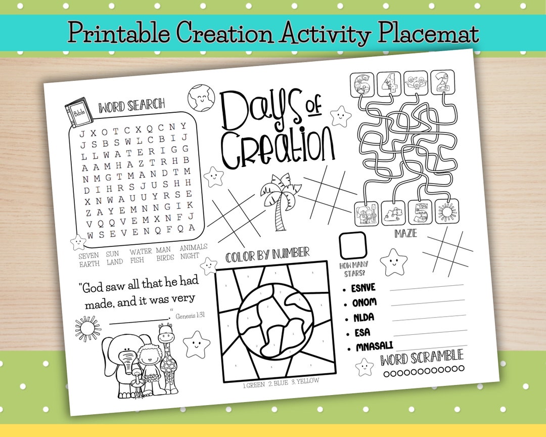 Creation Story Activity Placemat, Printable Bible Games (PDF) - Etsy