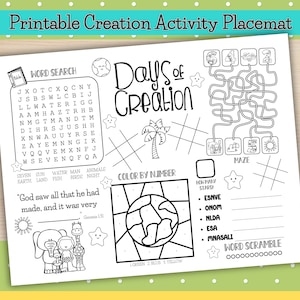Creation Bible Story Activity Placemat, Printable Bible Activity Mat, Christian Table Activity, Printable Kid Bible Activity Placemat