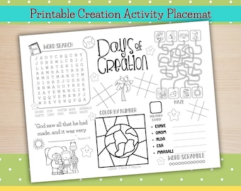 May include: A black and white printable placemat with activities for kids. The placemat features a word search, a maze, a color by number activity, and a word scramble. The theme of the placemat is the Days of Creation.