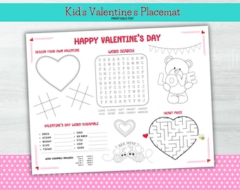 Valentine Coloring Activity Placemat, Kids Printable (PDF)